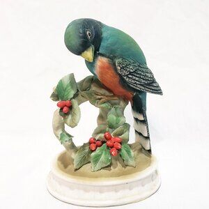 Bird on Holly Leaf Branch Figurine Lefton China 5.5" Jrogon KW1707B Chipped